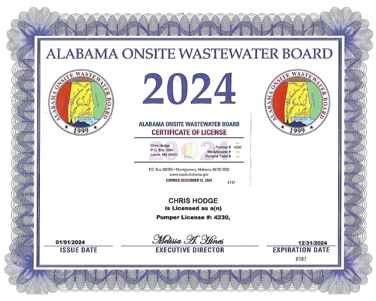 Alabama Onsite Wastewater Board Certificate of License.