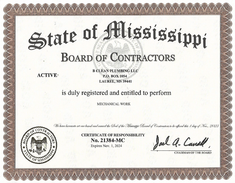 State of Mississippi Board of Contractors Certificate.