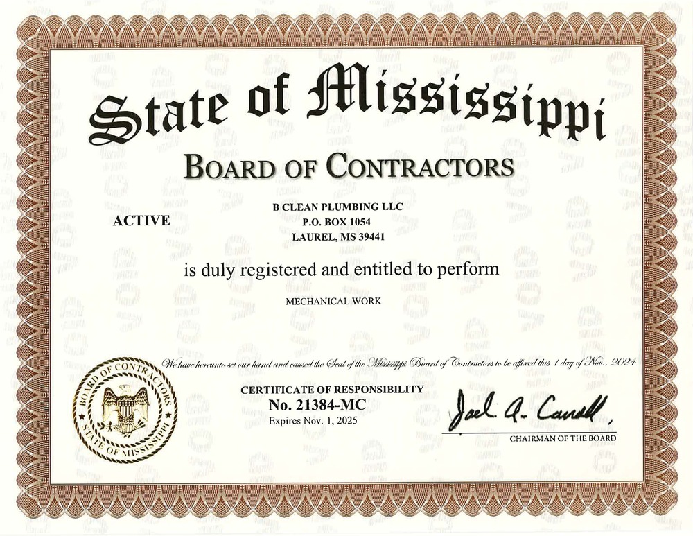 State of Mississippi Board of Contractors Certificate.