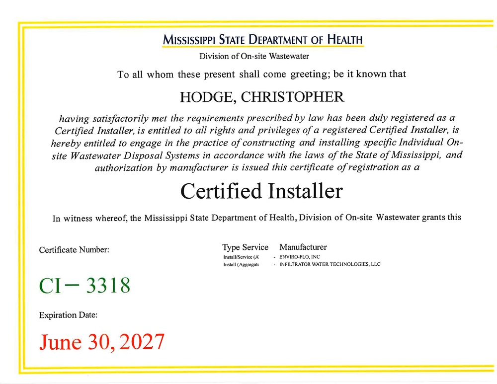 Chris On-Site Water Certificatee