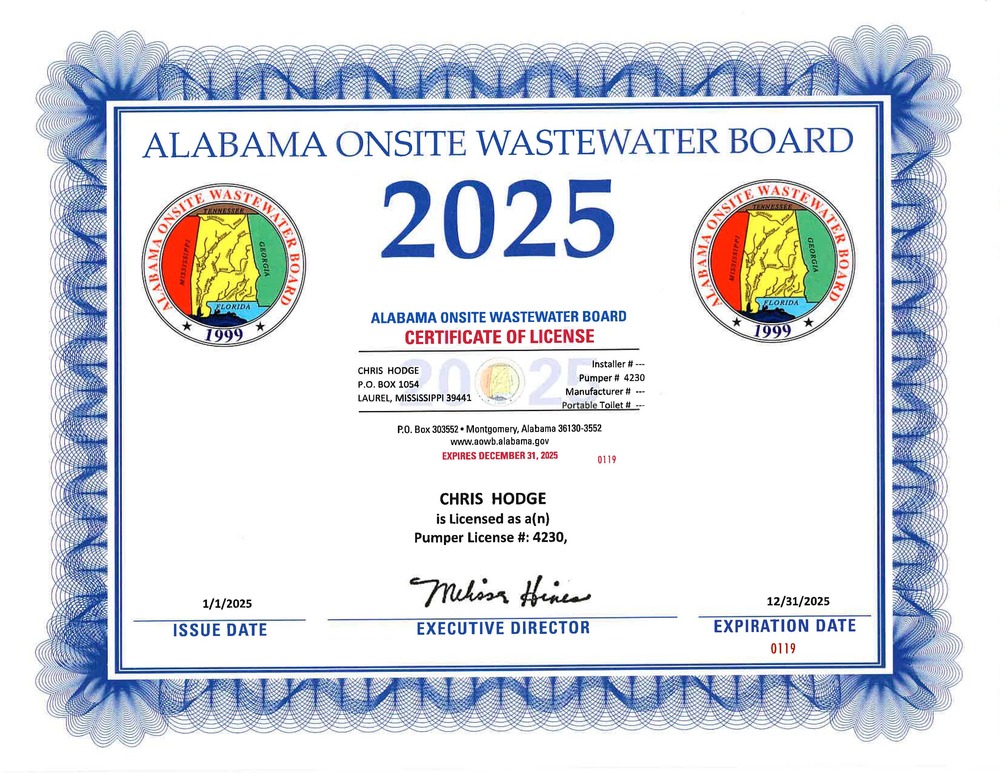 Alabama Onsite Wastewater Board Certificate of License.